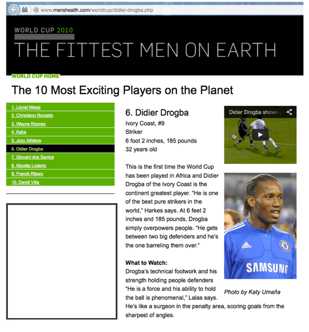 Men's Health page layout including image of Didier Drogba on the pitch post-win as part of World Club Challenge match against Club America. July 26, 2009 ©Katy Umaña/Enye Photo