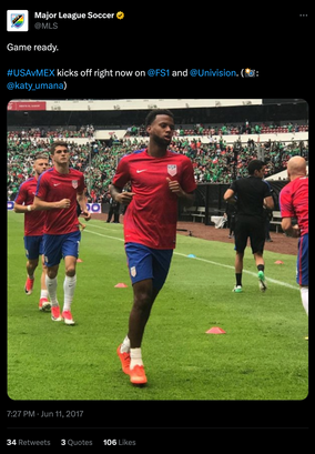 @MLS Twitter post featuring image of USMNT warming up ahead of 2018 World Cup Qualifier at Azteca Stadium. June 11, 2017 ©Katy Umaña/Enye Photo