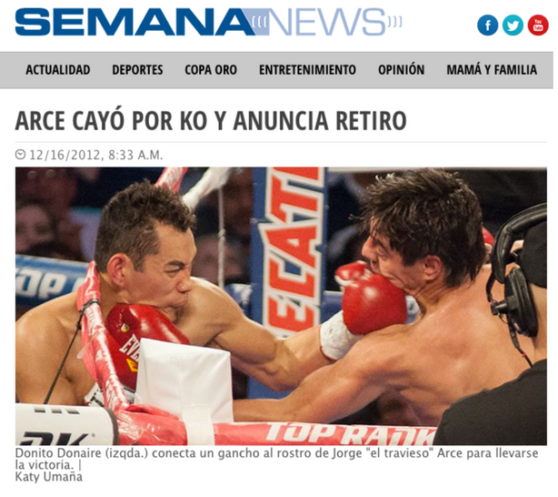 SemanaNews page layout including image of Nonito Donaire punching Jorge Arce during the WBO Super Bantamweight Championship. December 15, 2012 ©Katy Umaña/Enye Photo