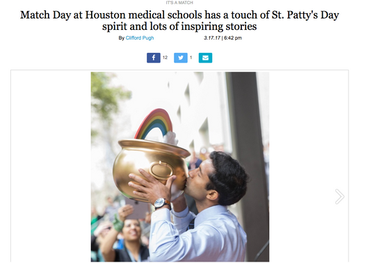 CultureMap Houston page layout including image of a McGovern Medical School student kisses pot of gold as part of the Match Day activities. March 15, 2017 ©Katy Umaña/Enye Photo